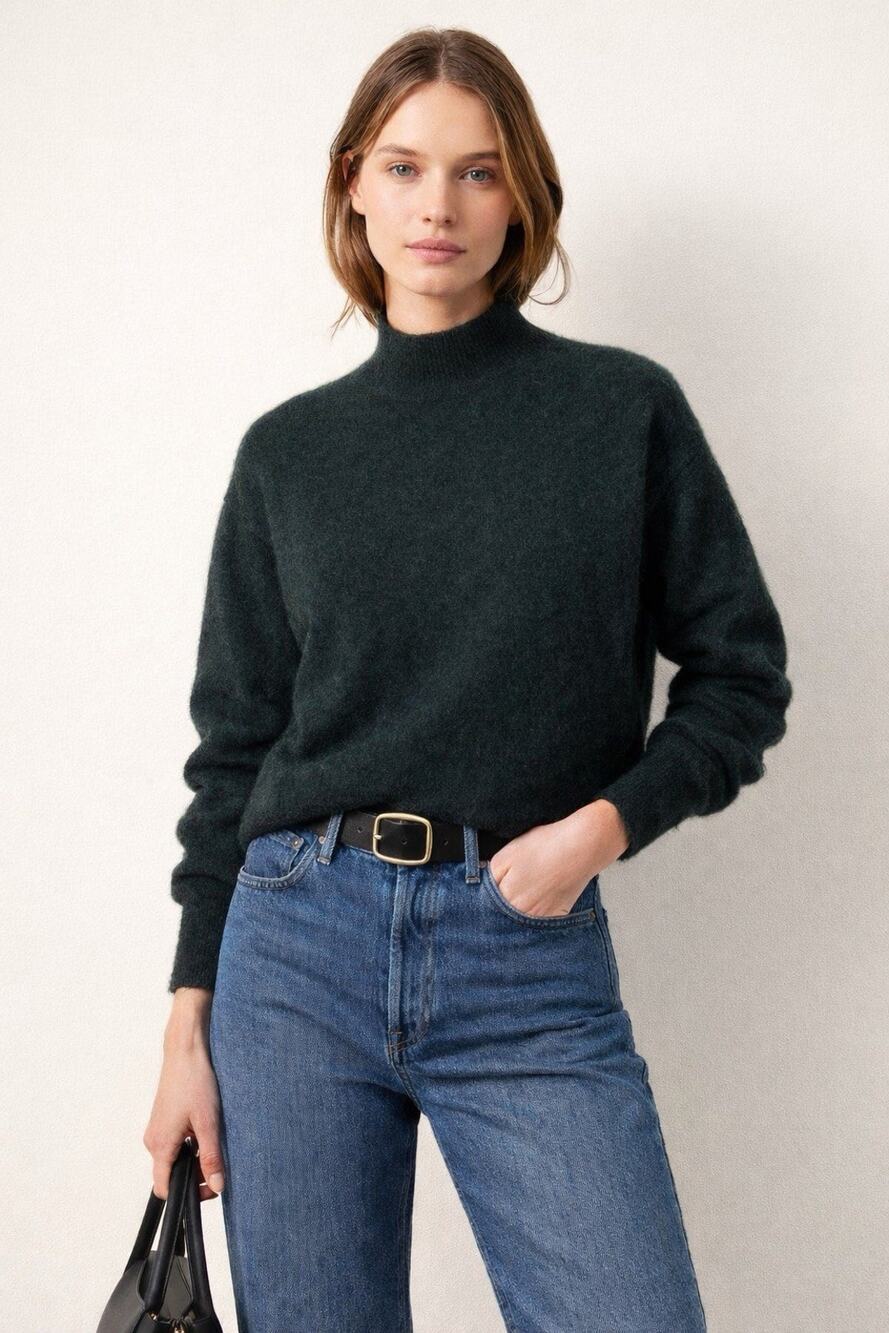 H&M Mohair Wool Blend Dark Forest Green Mock Neck Sweater size 4 Fuzzy Cozy